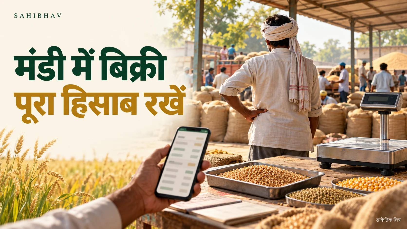 मंडी में किसान, अनाज की बोरियाँ, गुणवत्ता जाँच के लिए नमूना और तौल का सांकेतिक दृश्य
