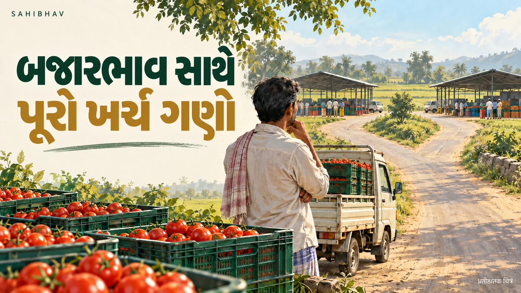 ટામેટાંના ક્રેટ, માલવાહક વાહન અને મંડી સુધીના ખર્ચની સરખામણી દર્શાવતું પ્રતીકાત્મક ચિત્ર