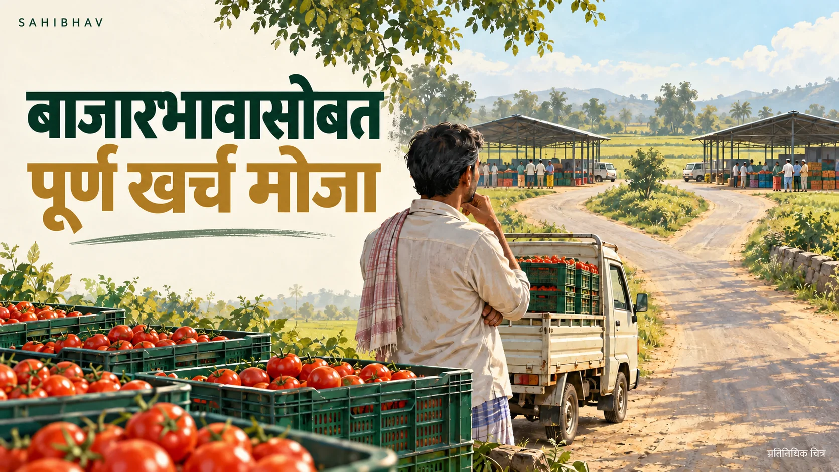 टोमॅटोचे क्रेट, मालवाहू वाहन आणि बाजारापर्यंतच्या खर्चाची तुलना दाखवणारे प्रातिनिधिक चित्र